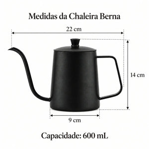 Medidas da Chaleira Berna: 22 cm de largura total, 9 cm de diâmetro, 14 cm de altura e 600 mL
