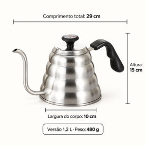 Medidas da Chaleira Bico de Ganso Inox Prata Lugano Lumi Homi de 1,2 L: 29 por 10 por 15 cm e 480 g