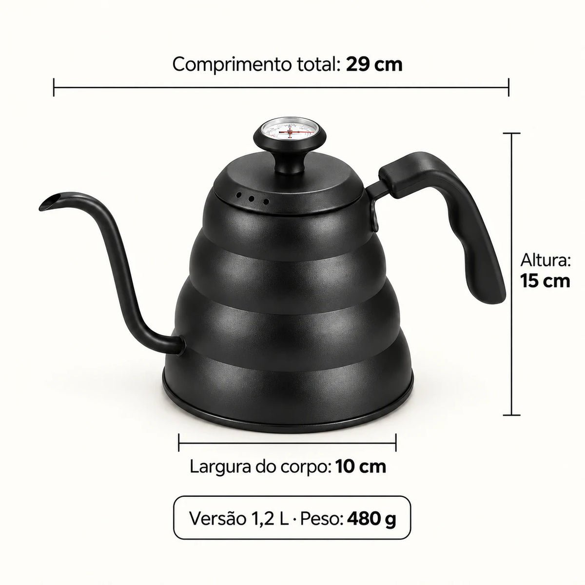 Medidas da Chaleira Bico de Ganso Inox Preta Lugano Lumi Homi de 1,2 L: 29 por 10 por 15 cm e 480 g