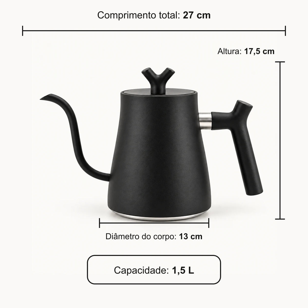 Medidas da Chaleira Lucerna preta: 27 cm de comprimento, 13 cm de diâmetro e 17,5 cm de altura