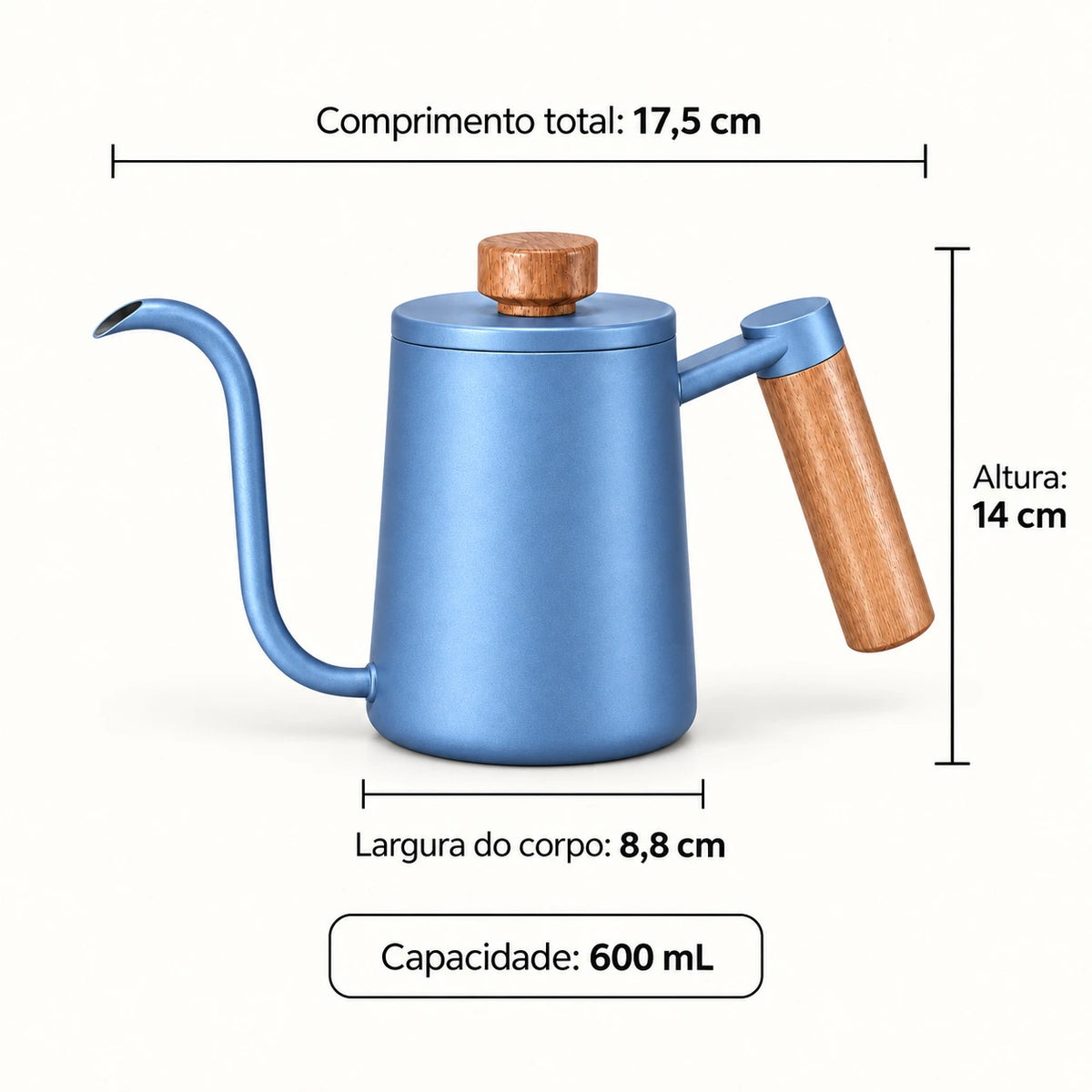 Medidas da Chaleira Bico de Ganso Inox Azul Zurich 600 mL