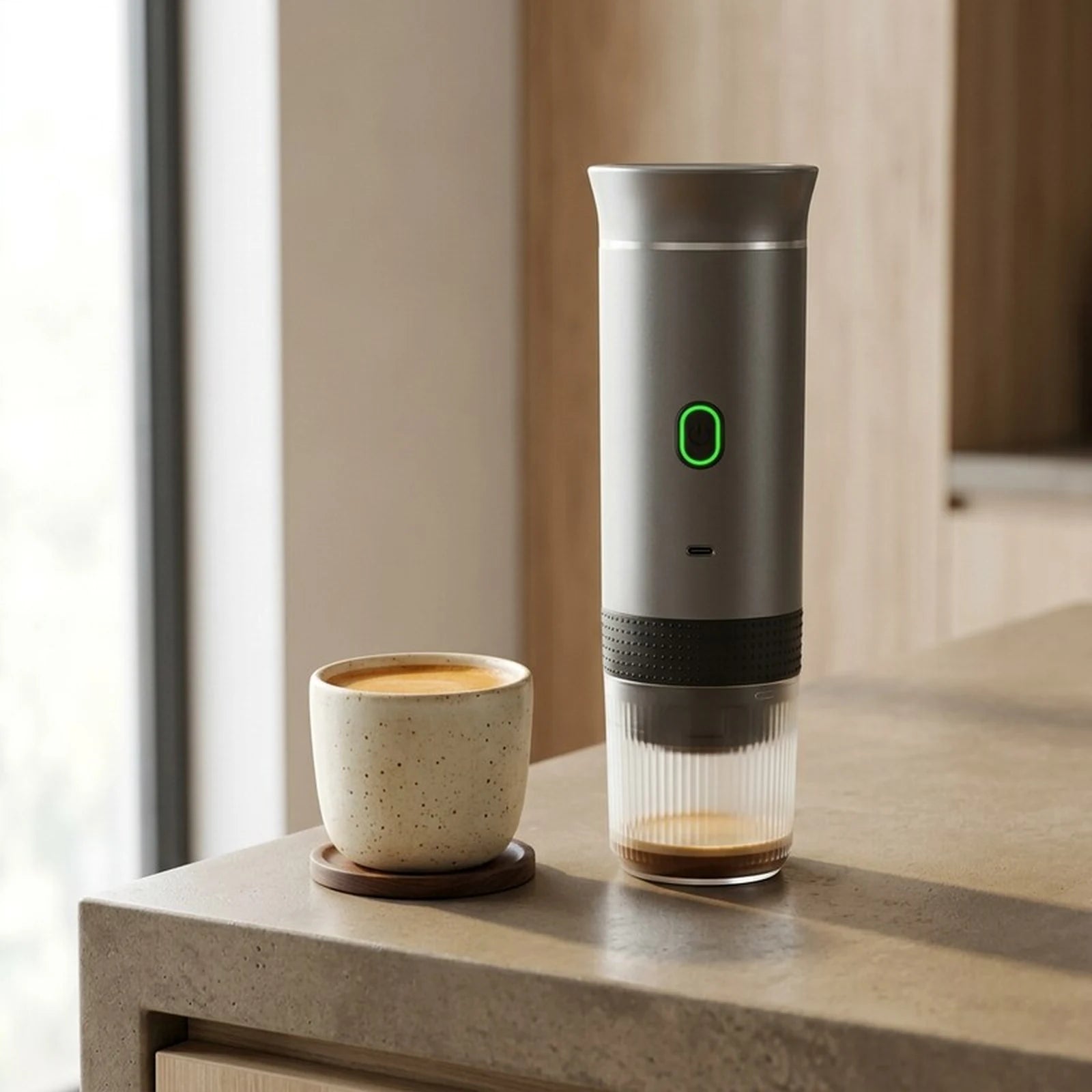 Cafeteira portatil cinza ao lado de espresso pronto na xicara