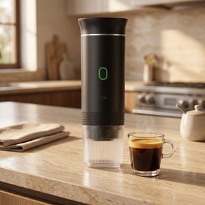 Espresso preparado na cafeteira portatil preta Lumi Homi