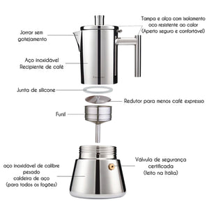 Cafeteira moka inox desmontada com redutor incluído