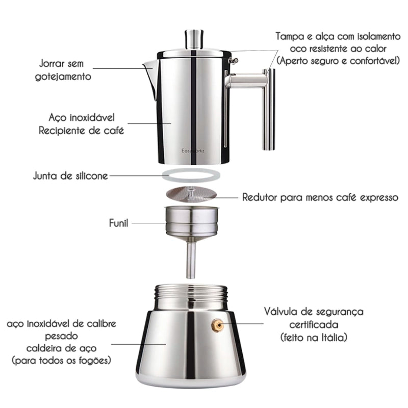 Cafeteira moka inox desmontada com redutor incluído