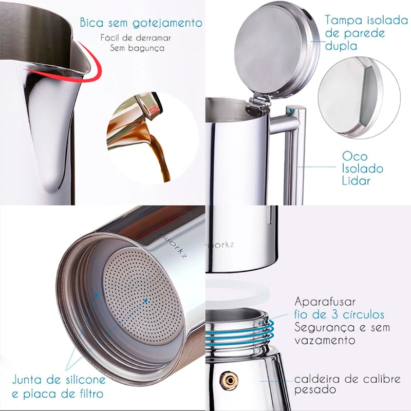 Cafeteira italiana inox Lumi Homi para ritual de café em casa