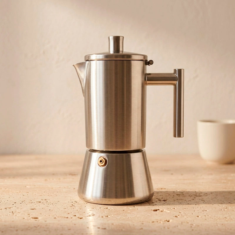 Cafeteira italiana inox com tampa e alça resistentes ao calor