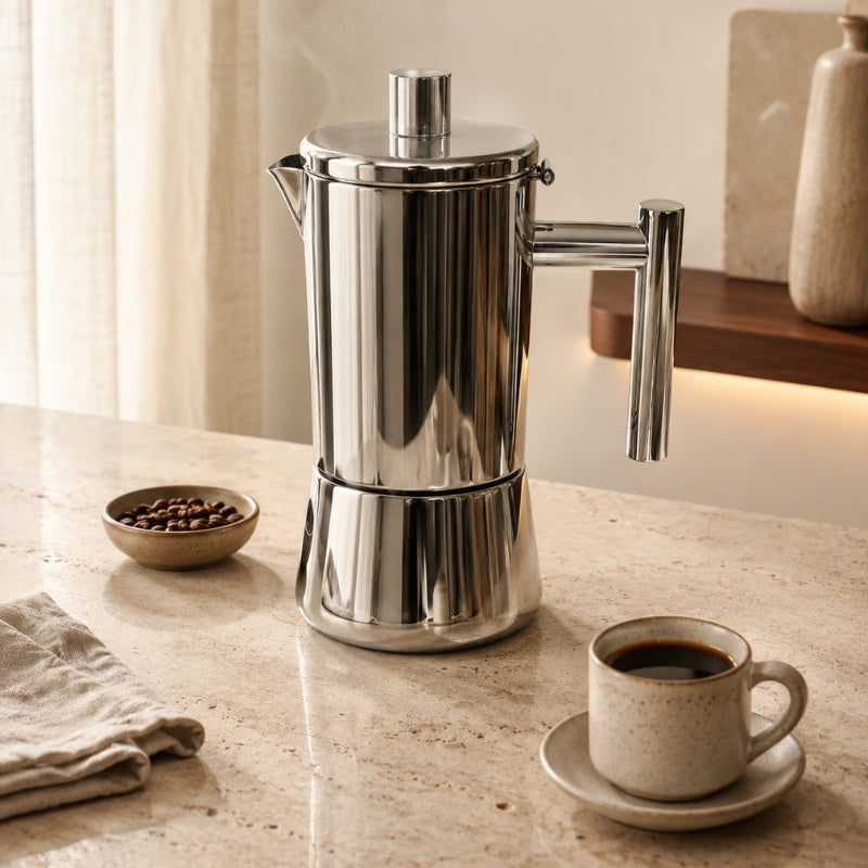 Cafeteira Italiana Moka Sobre uma Mesa de Mármore ao Lado de uma Xícara de Café