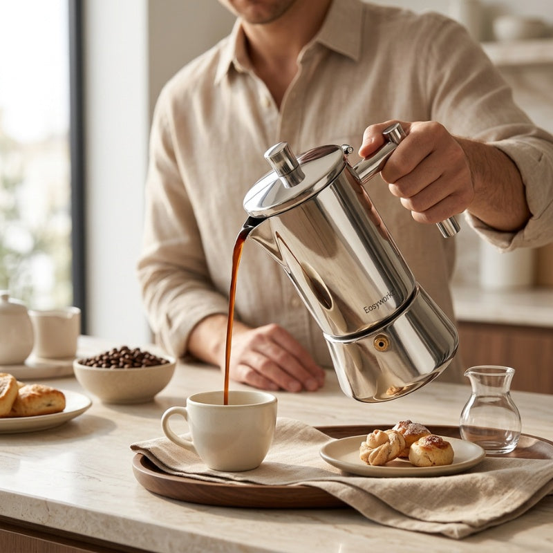 Café sendo servido pela cafeteira italiana moka inox Amalfi