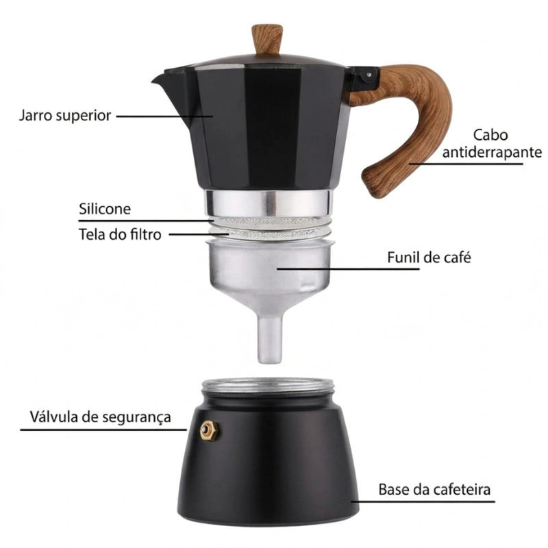 Cafeteira moka preta 300 ml desmontada mostrando os três compartimentos