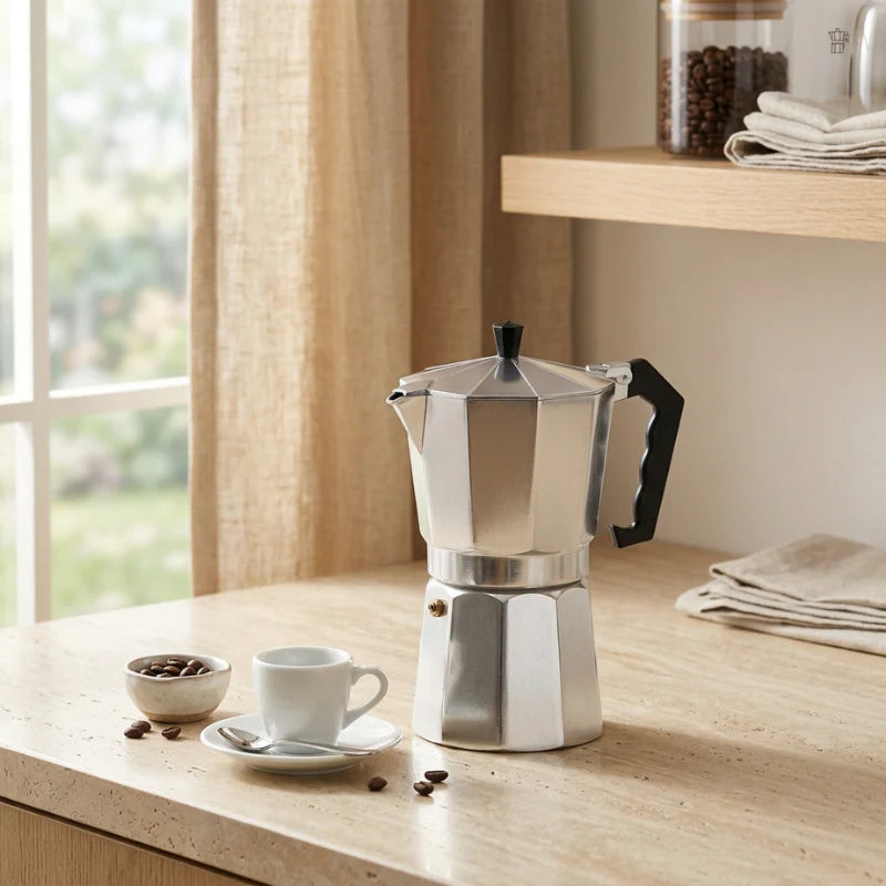 Cafeteira italiana Napoli em bancada clara com xícara de café
