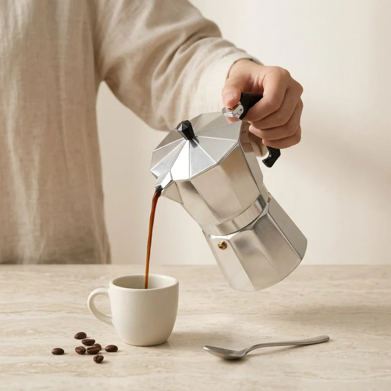 Cafeteira italiana Napoli servindo café em xícara pequena