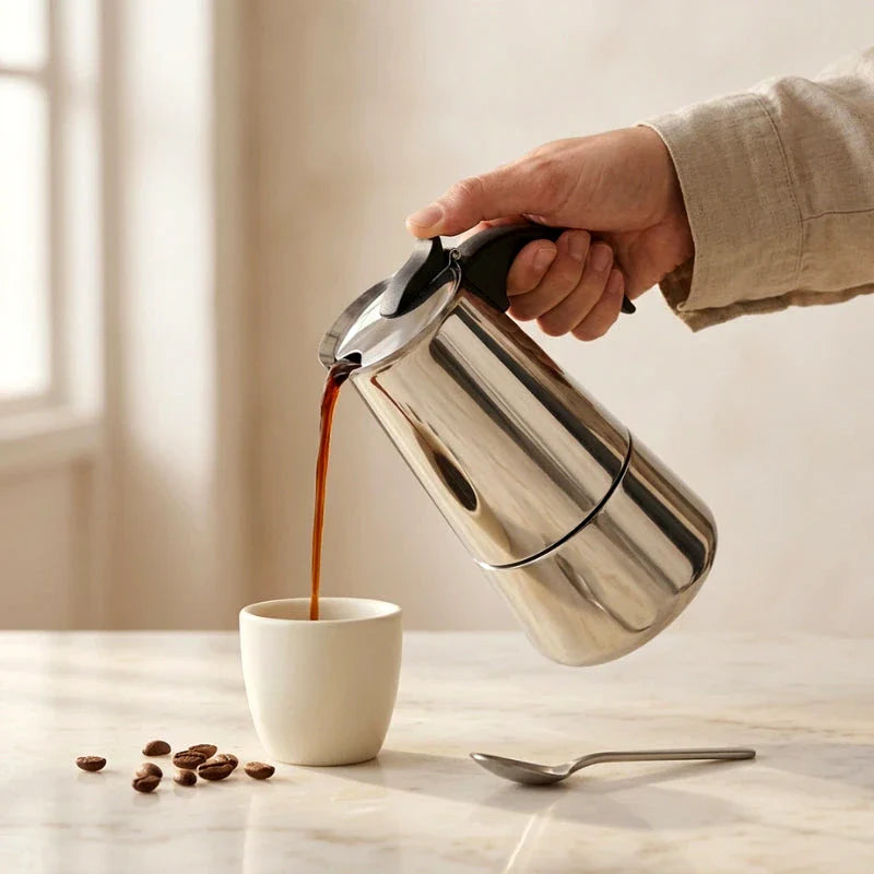 Cafeteira italiana Bari servindo café moka em xícara