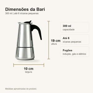 Dimensões da Cafeteira Italiana Bari 19 cm por 10 cm e capacidade de 300 ml