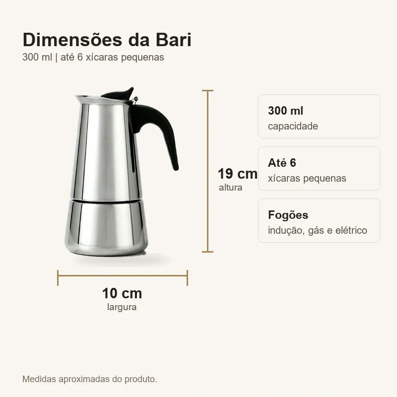 Dimensões da Cafeteira Italiana Bari 19 cm por 10 cm e capacidade de 300 ml