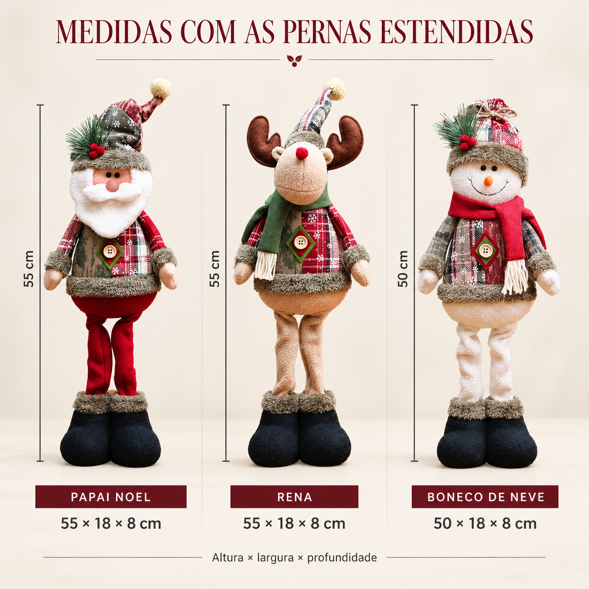 Medidas de Papai Noel, Rena e Boneco de Neve em centímetros com pernas estendidas