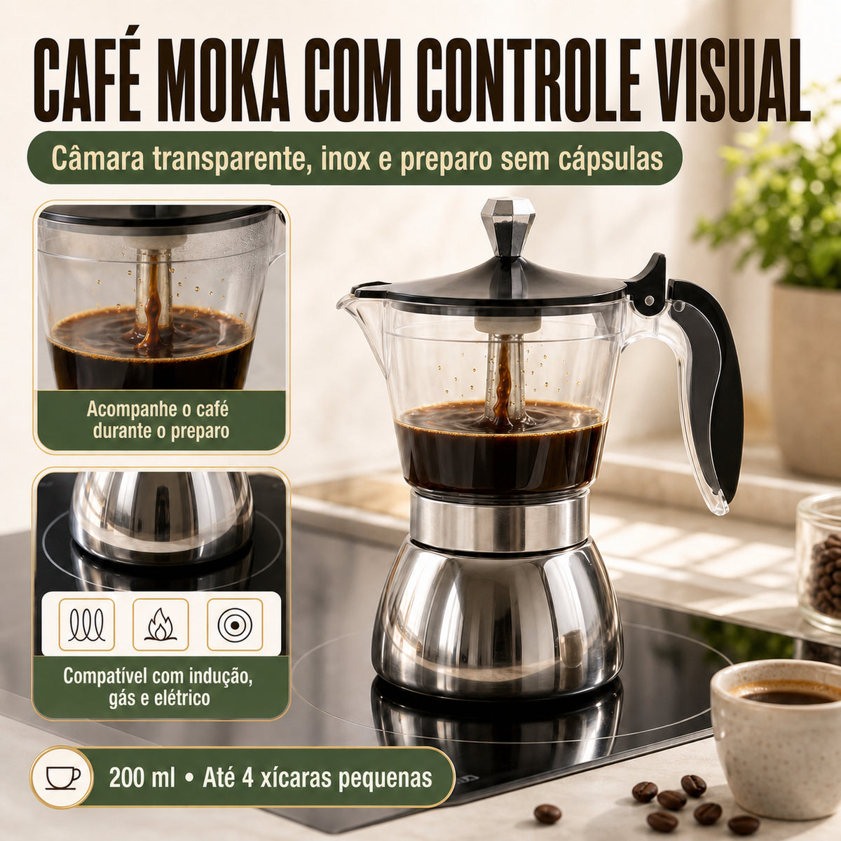 Cafeteira Italiana Milano Inox Luxo com café moka e controle visual do preparo