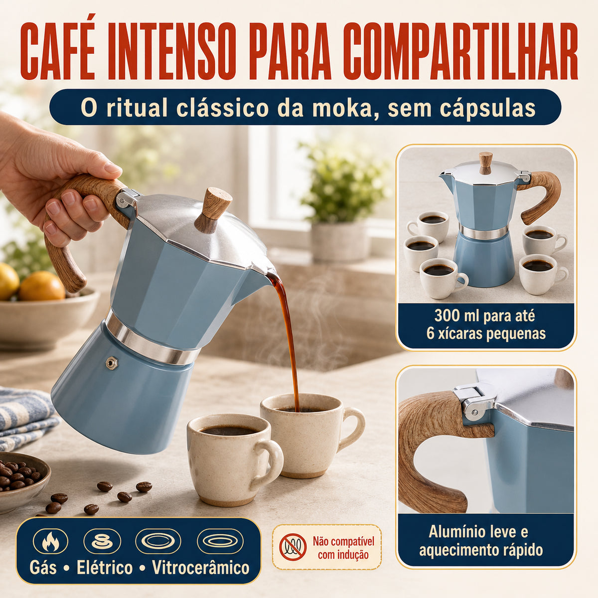 Cafeteira Italiana Torino Azul Luxo 300 ml para preparar café moka e compartilhar