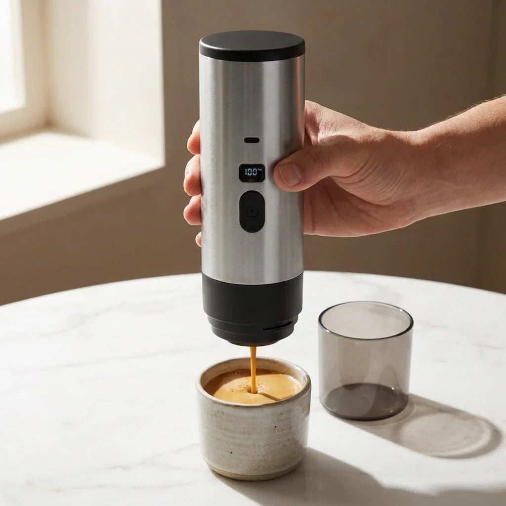 Cafeteira portátil servindo espresso em xícara externa