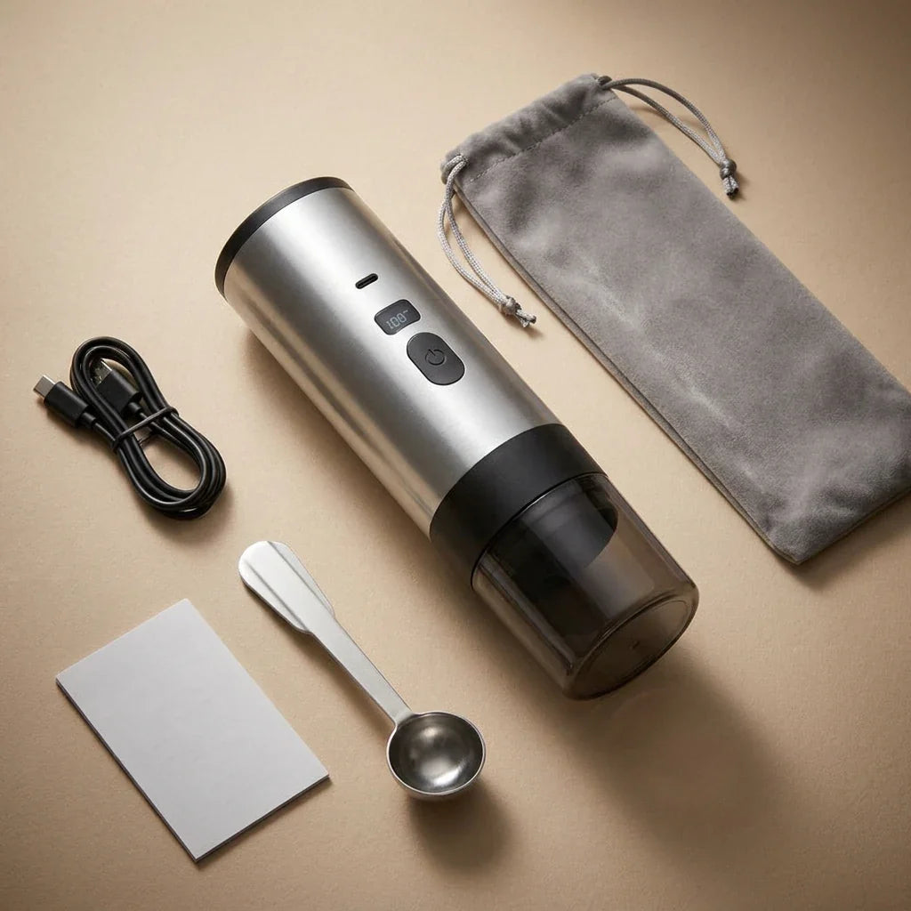 Itens inclusos da Cafeteira Portátil 3 em 1 com Visor Cinza Lumi Homi