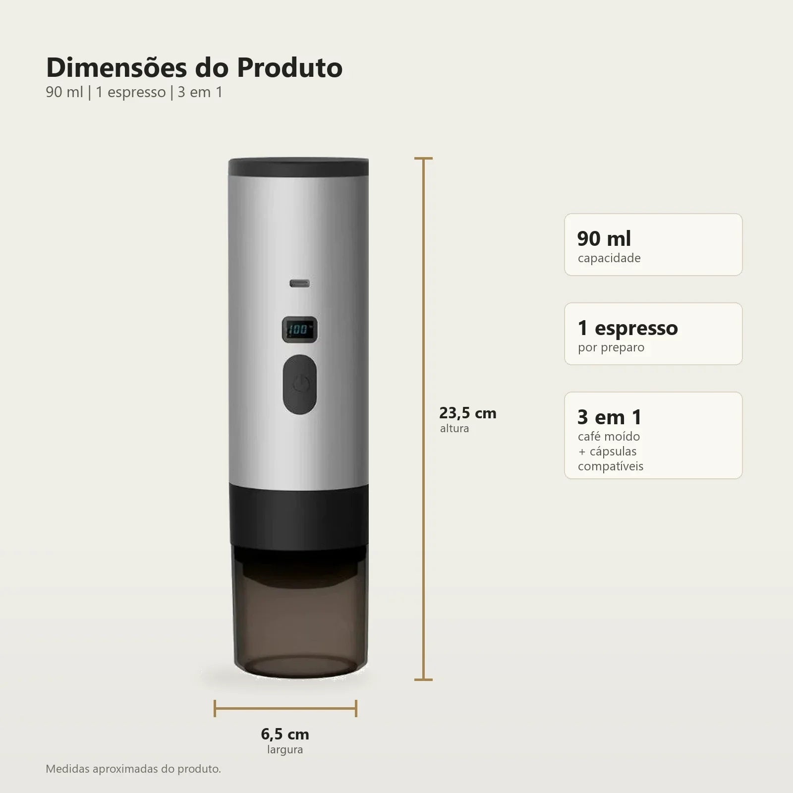 Dimensões da Cafeteira Portátil 3 em 1 com Visor Cinza Lumi Homi