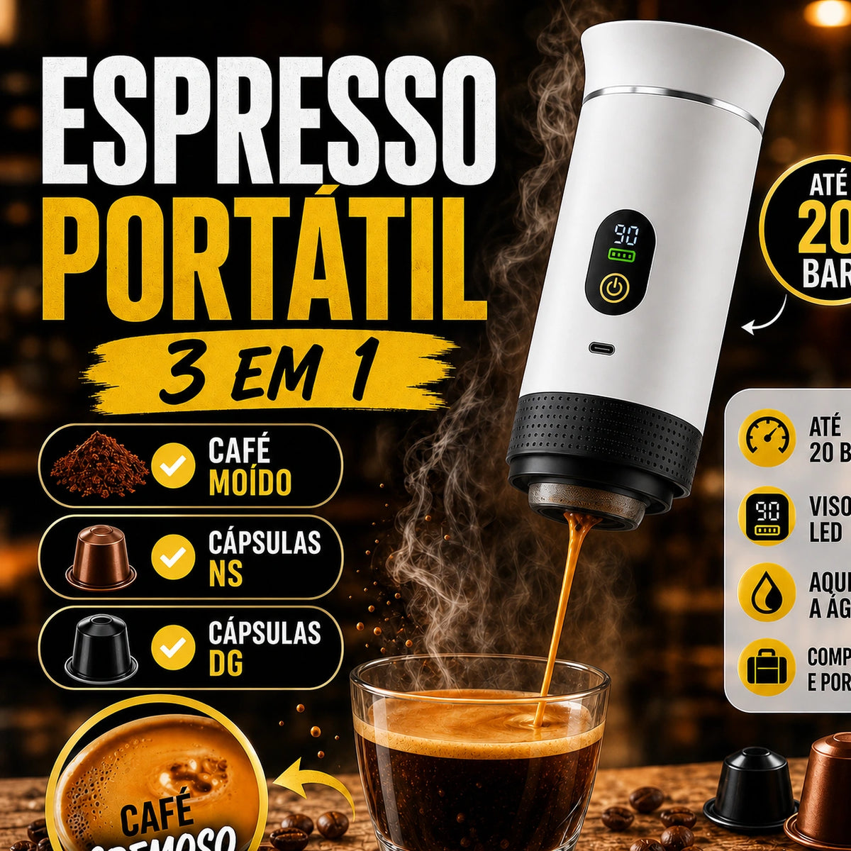Cafeteira Portátil Premium 3 em 1 Branca com Visor LED, café moído e cápsulas, até 20 bar