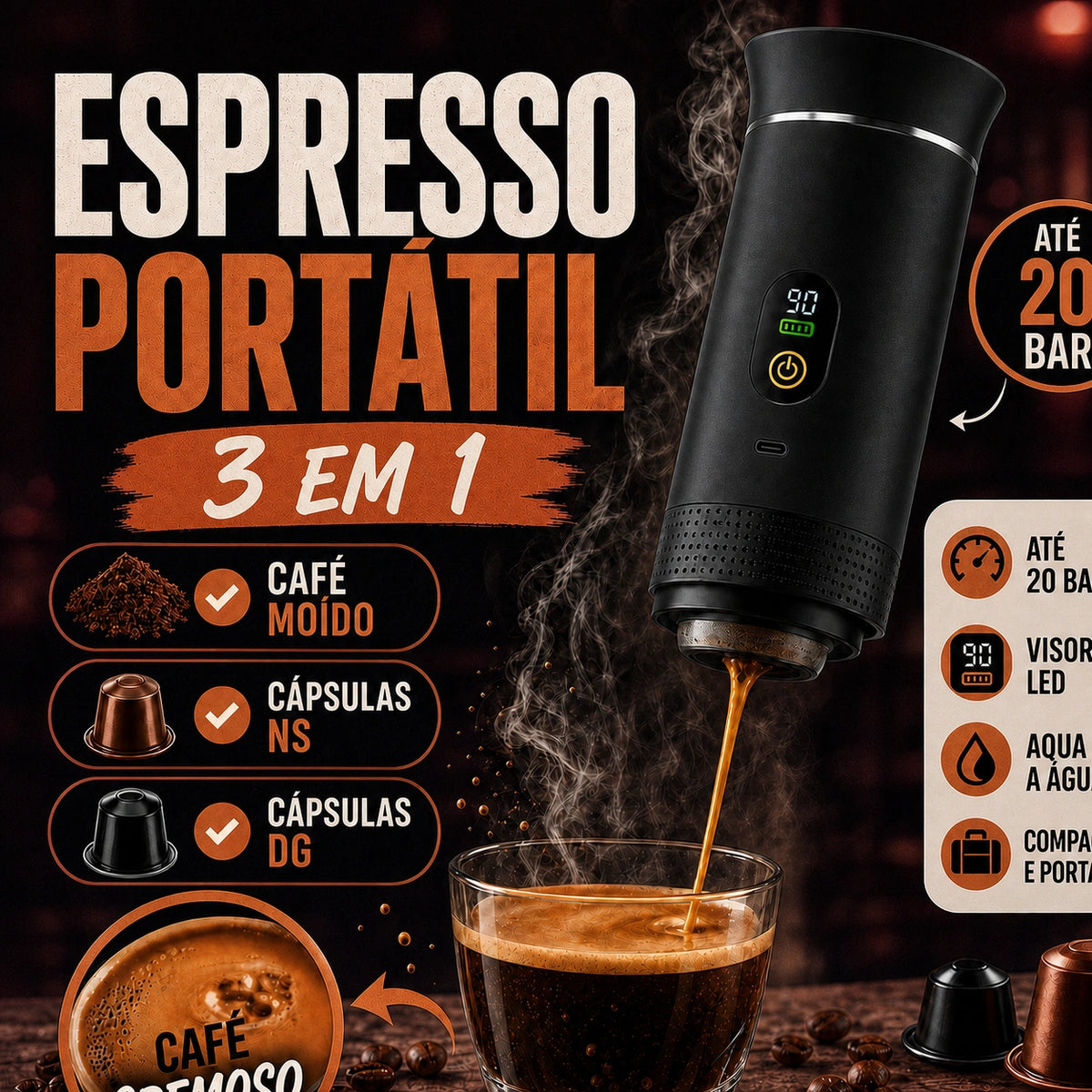 Cafeteira Portátil Premium 3 em 1 Preta com visor, café moído e cápsulas, até 20 bar