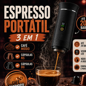 Cafeteira Portátil Premium 3 em 1 Preta com visor, café moído e cápsulas, até 20 bar