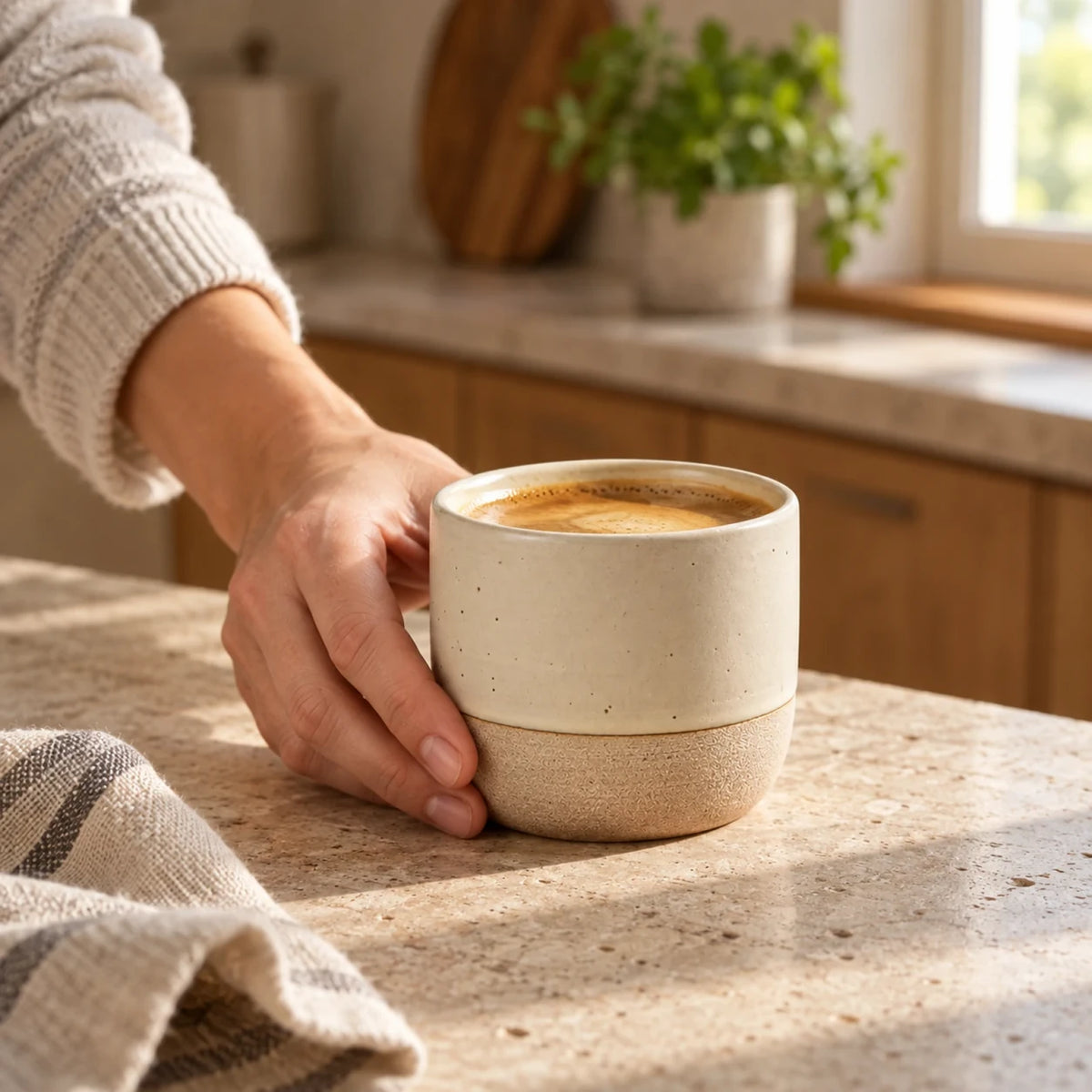 Xícara de café de cerâmica bege 180 mL com café, posicionada pela mão na bancada da cozinha