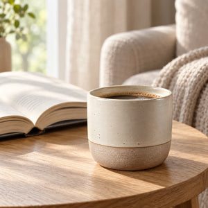 Xícara de café de cerâmica bege 180 mL com café ao lado de um livro