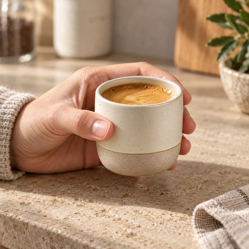 Xícara de café de cerâmica bege 180 mL sem alça, segurada pela mão
