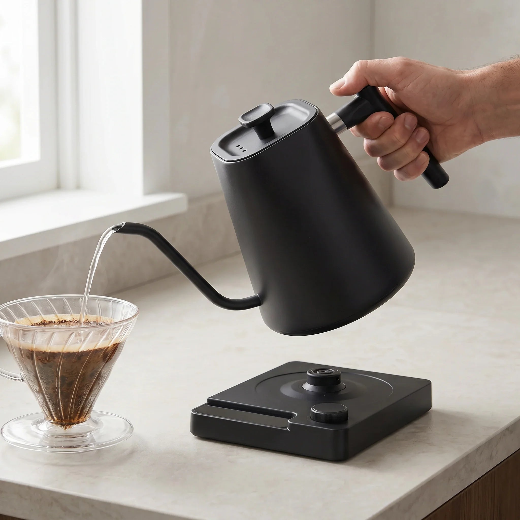 Chaleira Eletrica Bico de Ganso Inox Preta Monza Lumi Homi em despejo controlado para cafe coado