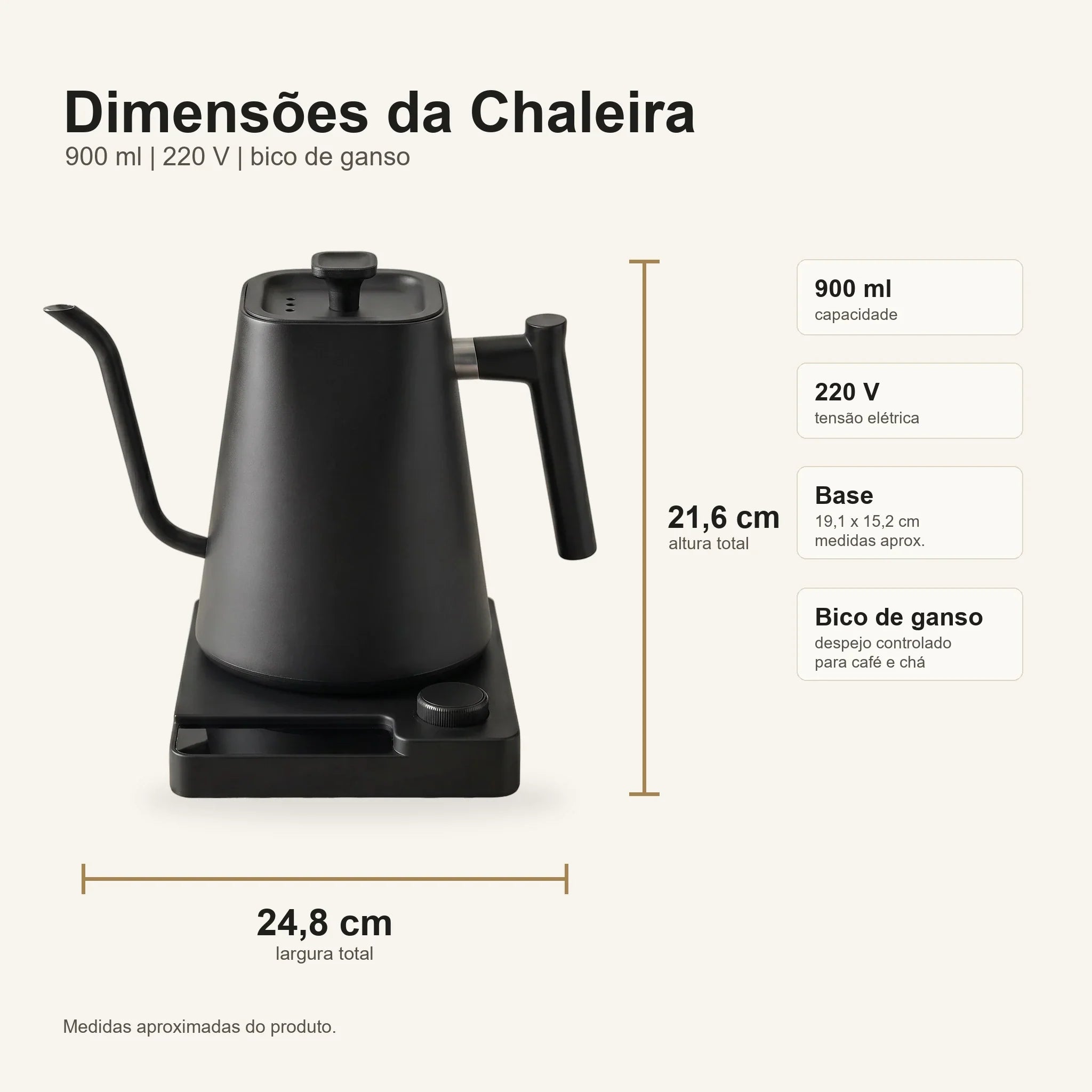 Dimensoes da Chaleira Eletrica Bico de Ganso Inox Preta Monza Lumi Homi com base no gabarito tecnico