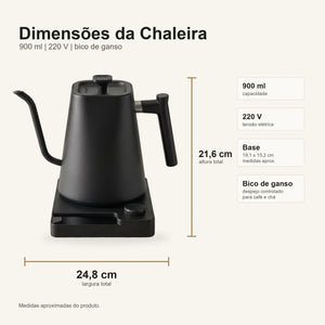 Dimensoes da Chaleira Eletrica Bico de Ganso Inox Preta Monza Lumi Homi com base no gabarito tecnico