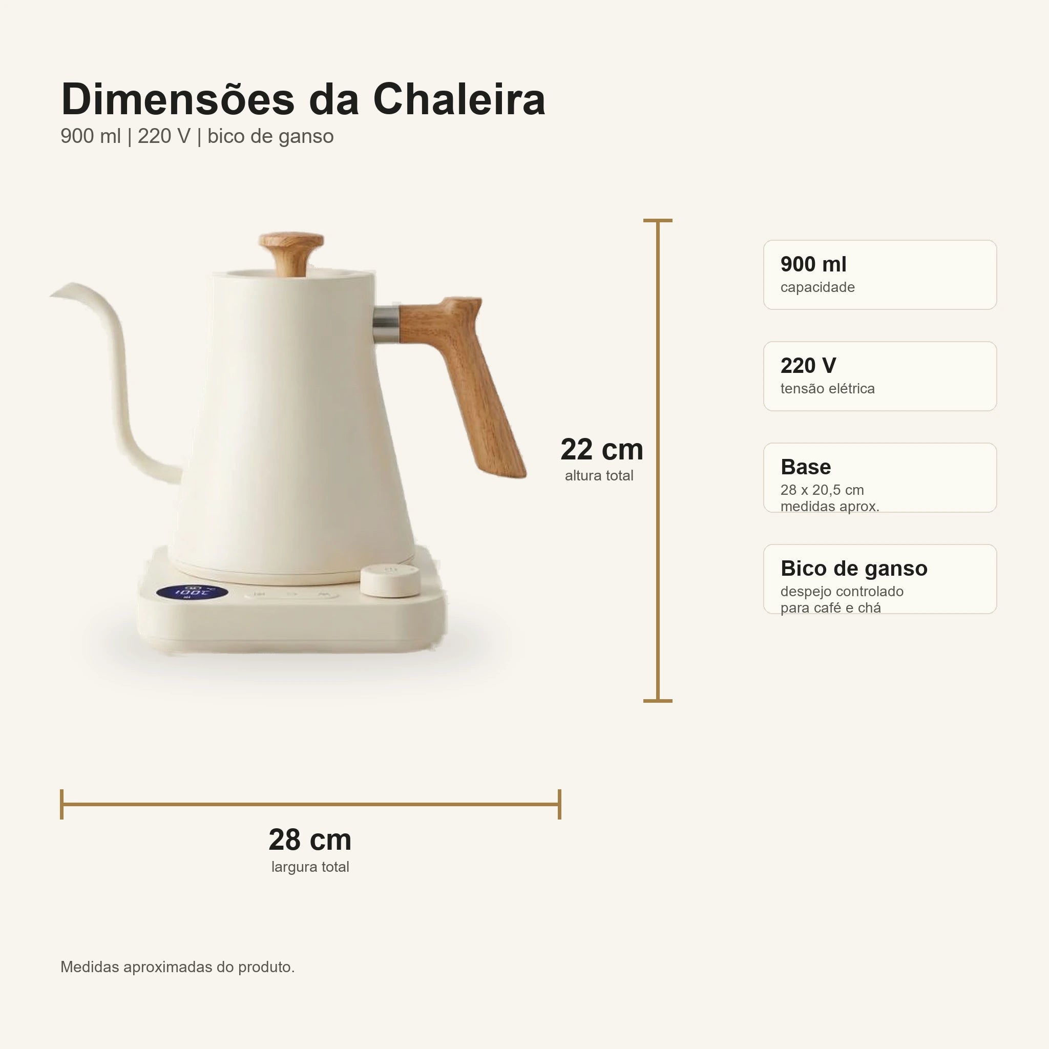 Dimensoes da Chaleira Eletrica Bico de Ganso Branca Milano Lumi Homi 900 ml 220 V
