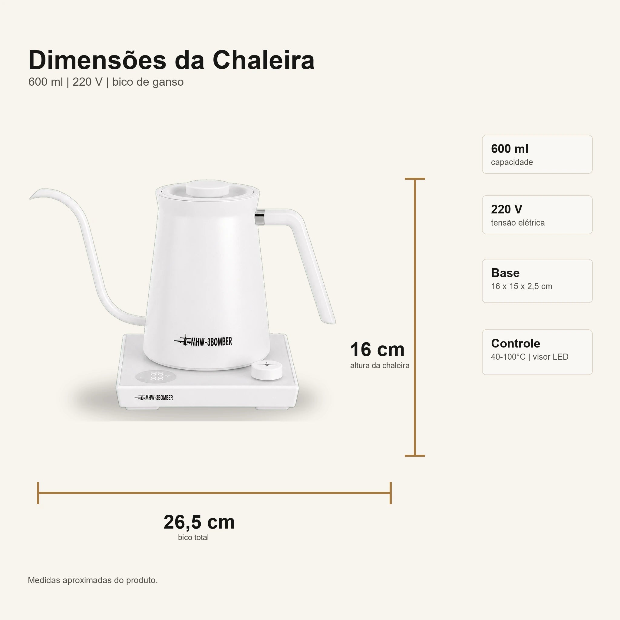 Dimensoes da Chaleira Eletrica Bico de Ganso Branca MHW-3BOMBER com visor LED na base no padrao Lumi Homi