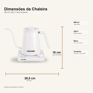 Dimensoes da Chaleira Eletrica Bico de Ganso Branca MHW-3BOMBER com visor LED na base no padrao Lumi Homi