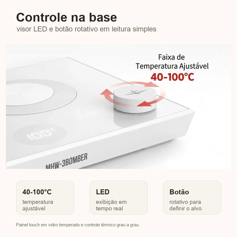 Controle de temperatura na base com visor LED e botao rotativo