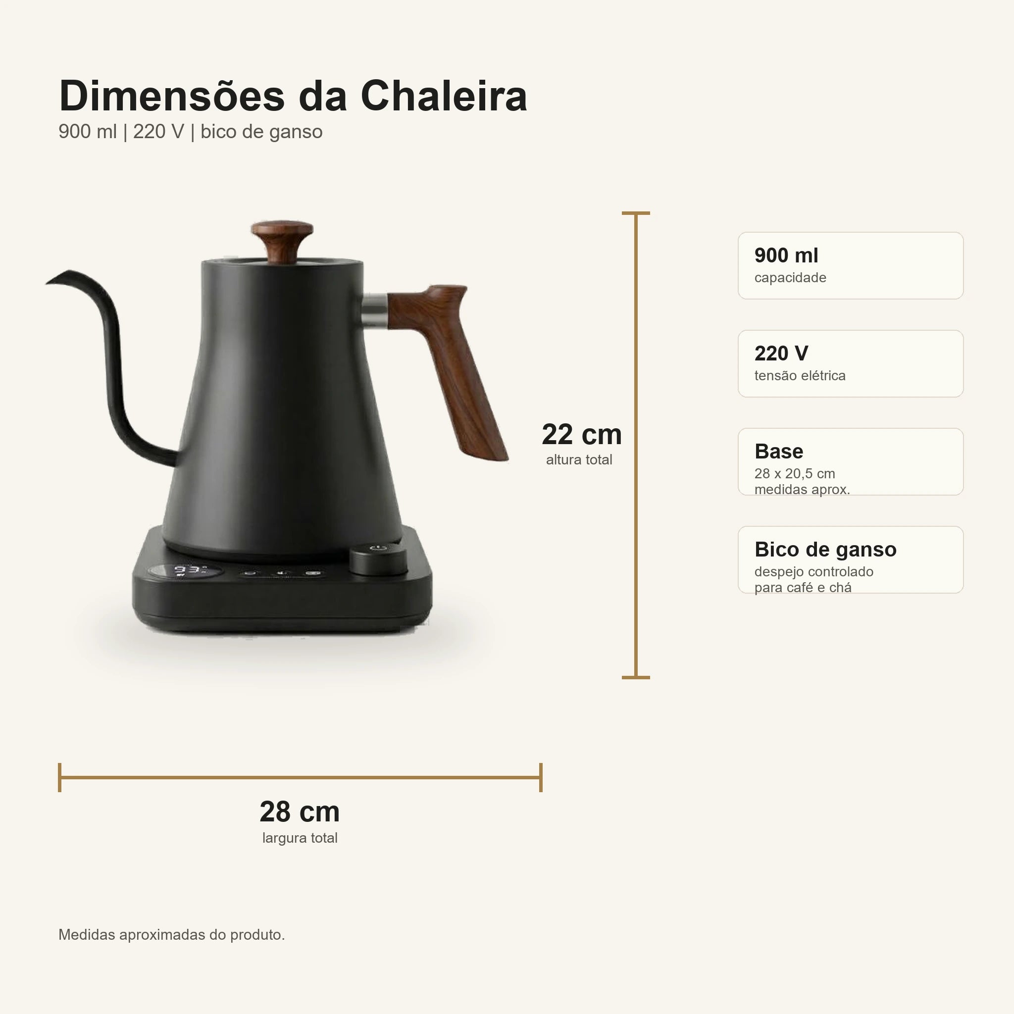 Dimensoes da Chaleira Eletrica Bico de Ganso Preta Milano Lumi Homi 900 ml 220 V