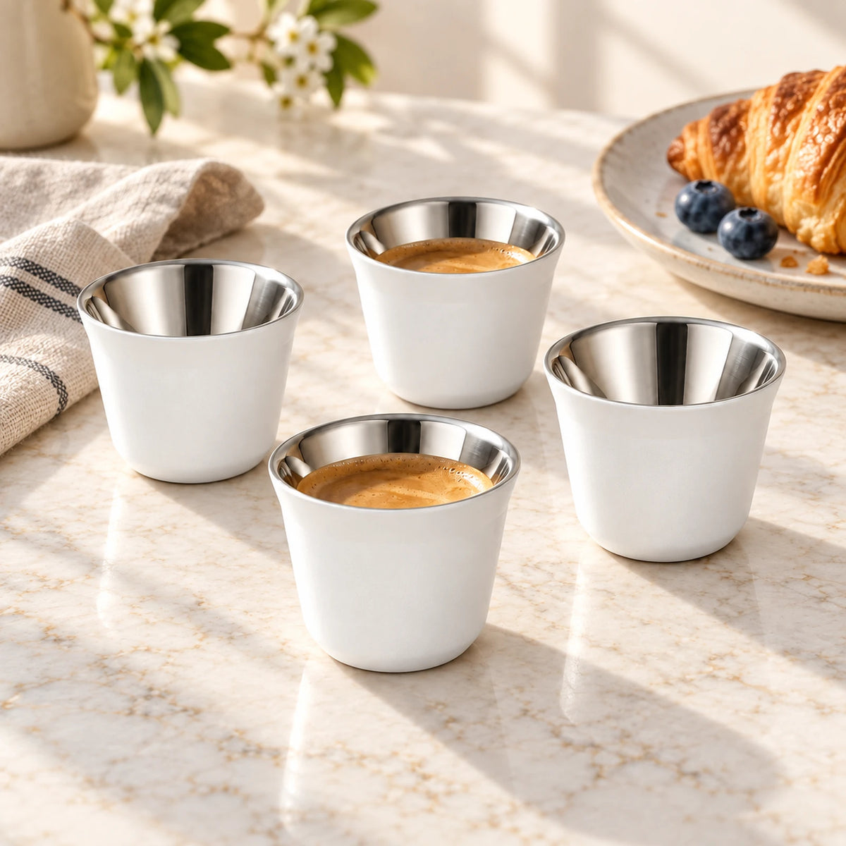 Conjunto de Xicaras Inox Branco | kit com 4 unidades em ambiente | Lumi Homi