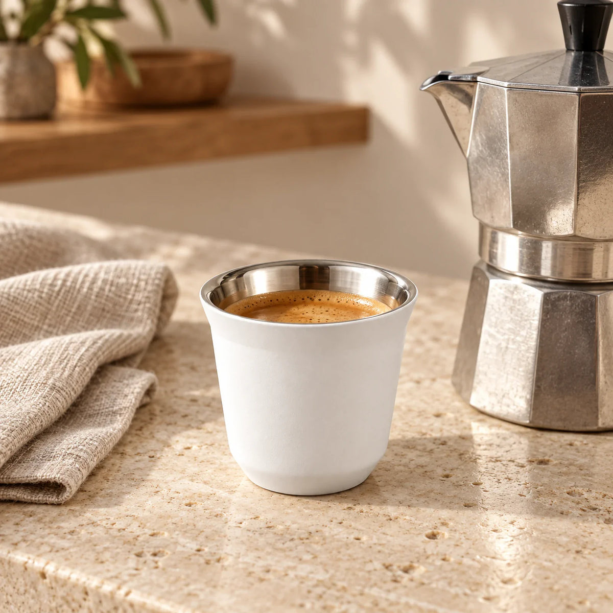 Conjunto de Xicaras Inox Branco | uso ao lado de cafeteira italiana | Lumi Homi