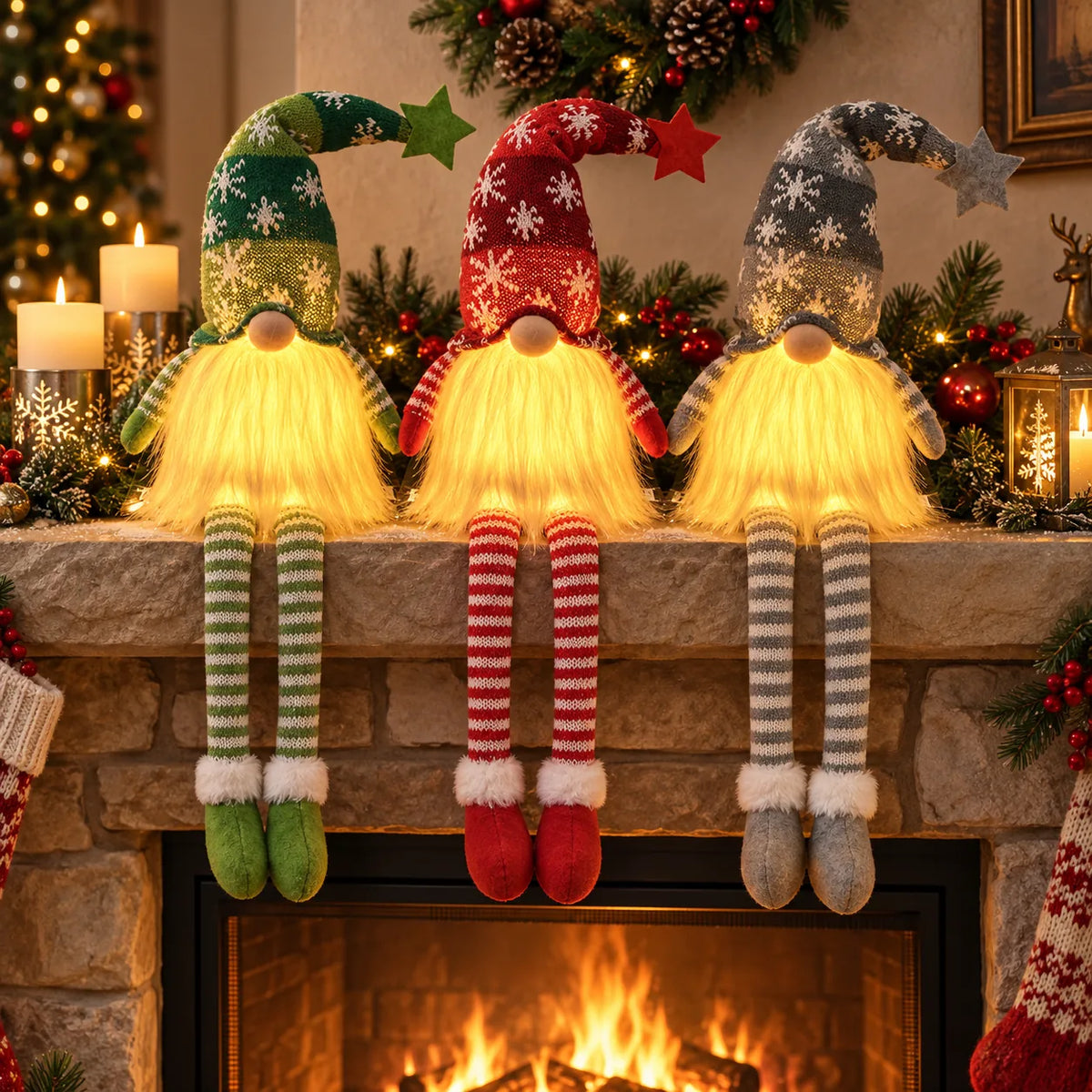 Trio de gnomos iluminados com pernas longas sobre lareira decorada para o Natal