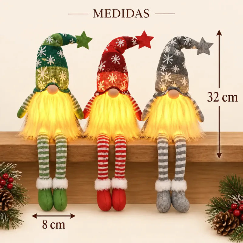 Medidas dos três gnomos de pernas longas, 32 cm de altura por 8 cm de largura