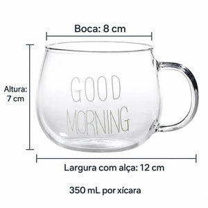 Xícara Good Morning Lumi Homi com estampa branca: boca 8 cm, altura 7 cm, largura total com alça 12 cm e capacidade 350 mL