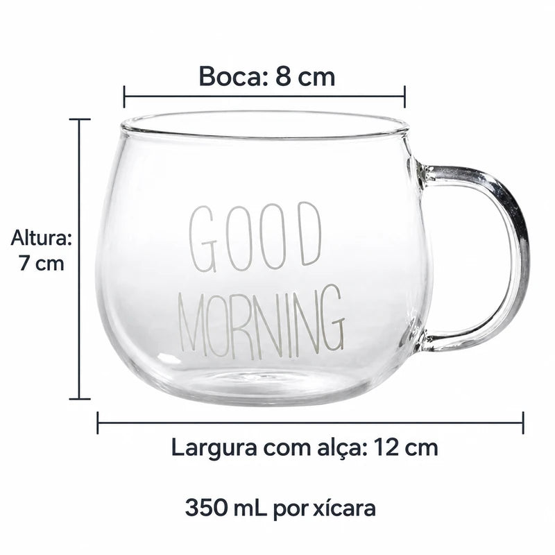 Xícara Good Morning Lumi Homi com estampa branca: boca 8 cm, altura 7 cm, largura total com alça 12 cm e capacidade 350 mL