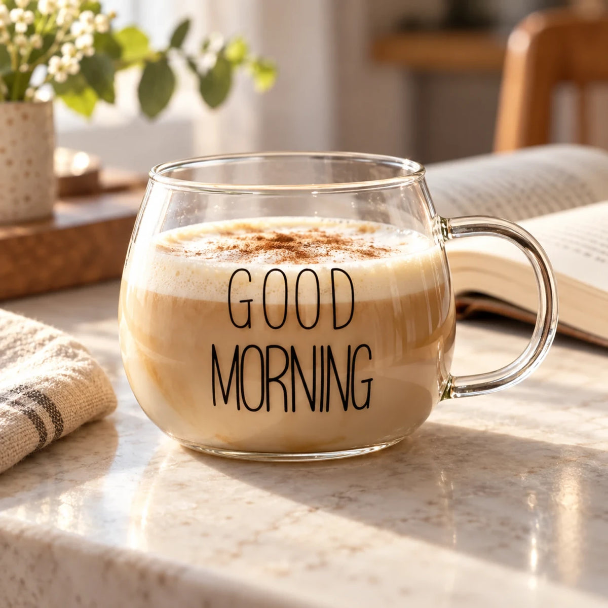 Xícara de vidro Good Morning Lumi Homi com estampa preta e bebida clara com espuma, ao lado de um livro