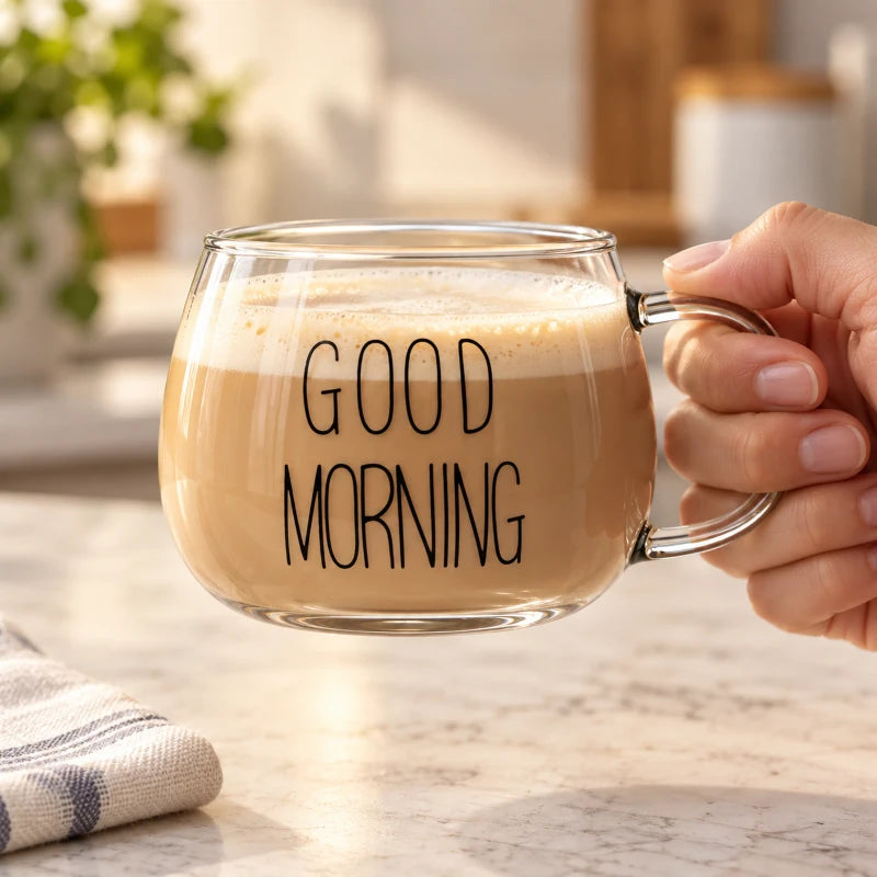 Xícara de vidro Good Morning Lumi Homi com estampa preta e bebida clara, segurada pela alça por uma mão