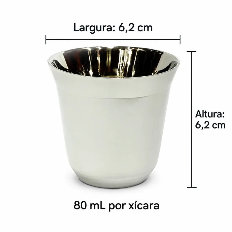 Xícara de café inox branco Lumi Homi, 80 mL, 6,2 cm de altura e 6,2 cm de largura externa em fundo branco