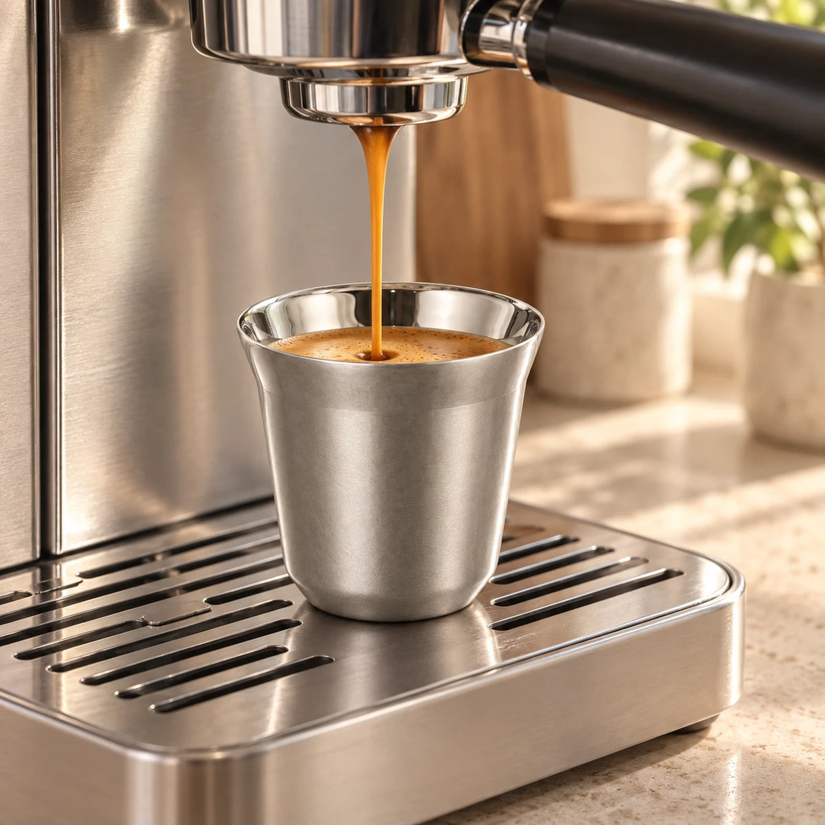 Xícara de café inox cinza Lumi Homi recebendo café sob o bico de uma máquina de espresso