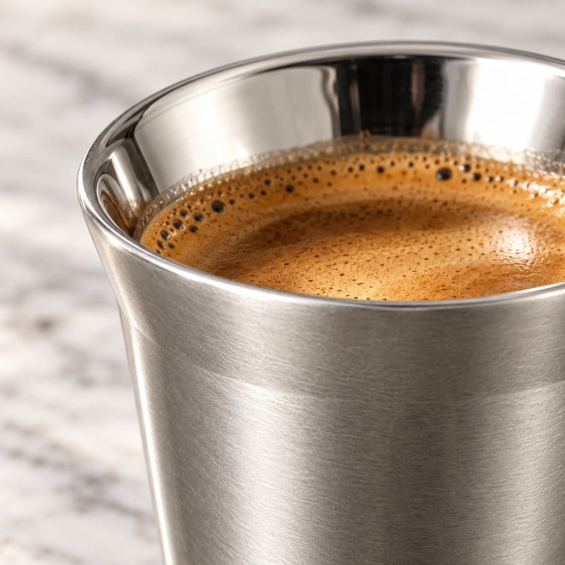 Detalhe da borda metálica e do acabamento externo prateado de uma xícara de café inox Lumi Homi